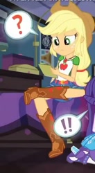 Size: 362x662 | Tagged: safe, screencap, applejack, better together, equestria girls, the finals countdown, boots, clothes, cowboy boots, cowboy hat, cropped, denim skirt, female, hat, high heel boots, shoes, skirt, stetson, thought bubble