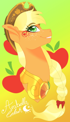 Size: 1432x2500 | Tagged: safe, artist:djspark3, applejack, earth pony, pony, braided ponytail, bust, cowboy hat, cutie mark background, element of honesty, hat, makeup, portrait, signature, smiling, solo, stetson