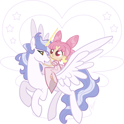 Size: 1130x1133 | Tagged: safe, artist:egophiliac, pegasus, pony, chibi-usa, crossover, duo, female, g4 style, helios, humans riding ponies, looking at each other, mare, riding, rini tsukino, sailor chibi moon, sailor moon