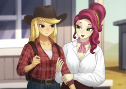 Size: 1228x868 | Tagged: safe, artist:agaberu, applejack, cherry jubilee, human, the last roundup, backpack, beauty mark, blushing, breasts, cleavage, clothes, duo, female, freckles, hat, hug, humanized, lidded eyes, lipstick, looking at each other, nail polish, open mouth, pixiv, pony coloring, scene interpretation, smiling
