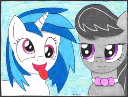 Size: 2814x2140 | Tagged: safe, artist:bio-iridescence, dj pon-3, octavia melody, vinyl scratch, earth pony, pony, unicorn, cute, derp, duo, female, lesbian, mare, octavia is not amused, scratchtavia, selfie, shipping, silly, silly face, silly pony, tongue out, traditional art, unamused, vinylbetes