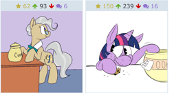 Size: 1511x815 | Tagged: safe, artist:goat train, artist:karpet-shark, mayor mare, twilight sparkle, cookie, cookie jar, corrupted, derpibooru, exploitable meme, fuck the police, juxtaposition, juxtaposition win, looking at each other, meme, meta, twilight stealing a cookie, twily-daily