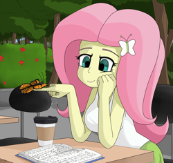 Size: 1100x1038 | Tagged: safe, artist:genericmlp, fluttershy, butterfly, equestria girls, breasts, clothes, coffee, female, hootershy, smiling, tree