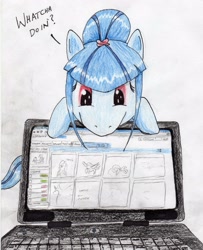 Size: 2292x2828 | Tagged: safe, artist:40kponyguy, derpibooru exclusive, sonata dusk, computer, cute, derpibooru, equestria girls ponified, laptop computer, meta, ponified, ponytail, solo, sonatabetes, traditional art