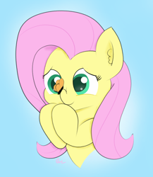 Size: 1280x1474 | Tagged: safe, artist:badponyvectors, fluttershy, butterfly, pegasus, pony, bust, butterfly on nose, cute, female, insect on nose, mare, raised hoof, shyabetes, simple background, smiling, solo