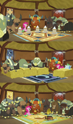 Size: 1280x2160 | Tagged: safe, screencap, gummy, pinkie pie, prince rutherford, earth pony, pony, yak, not asking for trouble, bed, cake, carpet, comparison, eating hut, food, hay, hay bed, hut, music hut, similarities, sleeping hut, textiles, yakyakistan