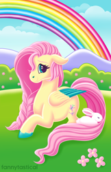 Size: 1650x2550 | Tagged: safe, artist:fannytastical, fluttershy, pegasus, pony, rabbit, cloud, colored hooves, colored wings, colored wingtips, flower, lisa frank, rainbow, sky, smiling, solo