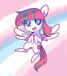 Size: 540x616 | Tagged: safe, artist:pekou, blossomforth, pegasus, pony, female, flying, mare, open mouth, smiling, solo, spread wings, wings