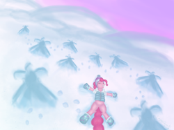 Size: 900x675 | Tagged: safe, artist:turquoisethought, pinkie pie, pony, clothes, female, happy, hat, lying, pleased, pleasure, smiling, snow, snow angel, solo, winter