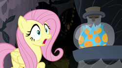 Size: 1280x720 | Tagged: safe, screencap, fluttershy, pegasus, pony, a health of information, bottle, female, flower, mare, open mouth, shocked, solo, swamp fever plant