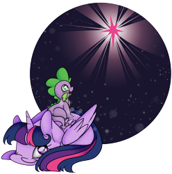 Size: 10478x10575 | Tagged: safe, artist:cutepencilcase, derpibooru import, spike, twilight sparkle, twilight sparkle (alicorn), alicorn, dragon, pony, absurd resolution, cute, happy, mama twilight, one eye closed, open mouth, sitting, spikelove, stars, twiabetes