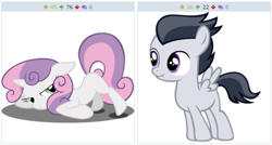 Size: 513x275 | Tagged: safe, rumble, sweetie belle, derpibooru, exploitable meme, female, juxtaposition, juxtaposition win, male, meme, meta, nose wrinkle, pose, rumbelle, rumble gets all the fillies, scrunchy face, shipping, straight