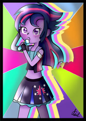 Size: 595x841 | Tagged: safe, artist:foxxy00candy, derpibooru import, twilight sparkle, equestria girls, blushing, clothes, cute, microphone, midriff, pleated skirt, singing, skirt, solo