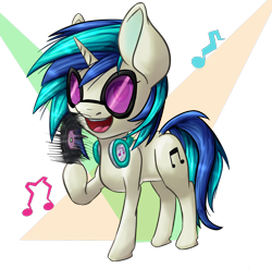 Size: 2003x1974 | Tagged: safe, artist:itresad, dj pon-3, vinyl scratch, pony, unicorn, abstract background, background pony, cute, cutie mark, female, headphones, hooves, horn, mare, music notes, open mouth, raised hoof, record, simple background, solo, spinning, sunglasses, transparent background