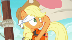 Size: 1280x720 | Tagged: safe, screencap, applejack, earth pony, pony, ppov, blindfold, female, freckles, lifejacket, mare, raised hoof, solo