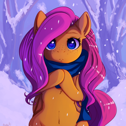 Size: 4000x4000 | Tagged: safe, artist:miokomata, fluttershy, pegasus, pony, beautiful, belly button, bipedal, clothes, cute, female, freckles, hooves to the chest, looking at you, mare, scarf, snow, snowfall, solo, wrong eye color