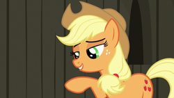 Size: 1280x720 | Tagged: safe, screencap, applejack, earth pony, pony, not asking for trouble, female, freckles, lidded eyes, mare, raised hoof, solo