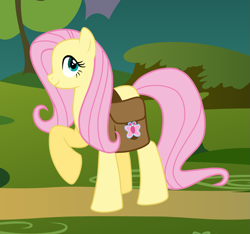 Size: 1399x1311 | Tagged: safe, artist:mother-of-trolls, fluttershy, pegasus, pony, female, looking at you, mare, profile, raised hoof, saddle bag, solo, standing