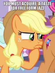 Size: 600x785 | Tagged: safe, edit, edited screencap, screencap, applejack, earth pony, pony, honest apple, free form jazz, grandma's kisses, image macro, meme, spongebob squarepants