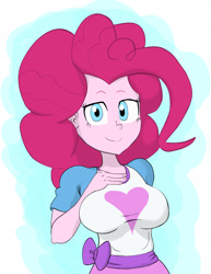 Size: 1476x1911 | Tagged: safe, artist:カタバミ, pinkie pie, equestria girls, breasts, clothes, female, looking at you, pinkie pies, shirt, simple background, smiling, solo, t-shirt