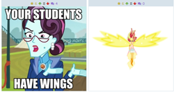 Size: 514x272 | Tagged: safe, principal abacus cinch, sunset shimmer, equestria girls, friendship games, daydream shimmer, derpibooru, exploitable meme, juxtaposition, juxtaposition win, meme, meta, wings