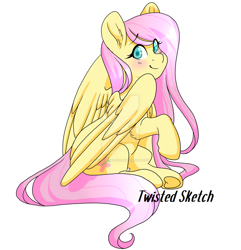 Size: 1024x1063 | Tagged: safe, artist:twisted-sketch, fluttershy, pegasus, pony, blushing, cute, female, looking at you, looking sideways, mare, obtrusive watermark, raised hoof, shyabetes, simple background, sitting, smiling, solo, three quarter view, underhoof, watermark, white background, wings