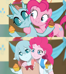 Size: 1984x2232 | Tagged: safe, artist:fantasygerard2000, edit, edited screencap, screencap, ocellus, pinkie pie, changedling, changeling, equestria girls, marks for effort, cheek squish, clothes, comparison, cupcake, dessert, draw this again, equestria girls interpretation, equestria girls-ified, food, scene interpretation, squishy cheeks, sweater vest