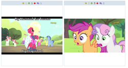 Size: 525x281 | Tagged: safe, screencap, big macintosh, blues, cherry berry, noteworthy, rainberry, rainbow stars, scootaloo, sunshower raindrops, sweetie belle, earth pony, pony, brotherhooves social, derpibooru, drag queen, exploitable meme, juxtaposition, juxtaposition win, male, meme, meta, orchard blossom, reaction, shocked, stallion