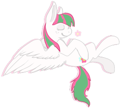 Size: 500x450 | Tagged: safe, artist:bajingzang, blossomforth, pegasus, pony, cute, eyes closed, female, flower, flying, freckles, mare, on back, smiling, solo