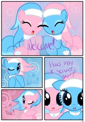 Size: 1741x2500 | Tagged: safe, artist:pyruvate, aloe, lotus blossom, earth pony, pony, comic:the usual, comic, cute, duo, duo female, eyes closed, female, mare, open mouth, spa twins, spaww twins