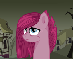 Size: 2500x2000 | Tagged: safe, artist:sodadoodle, pinkie pie, earth pony, pony, alternate hairstyle, alternate timeline, apinkalypse pie, apocalypse, bags under eyes, blind eye, blue eyes, crystal war timeline, dystopia, female, frown, high res, looking at you, mare, pinkamena diane pie, scar, solo