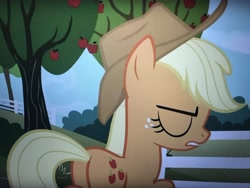 Size: 4032x3024 | Tagged: safe, screencap, applejack, earth pony, pony, buckball season, eyes closed, female, freckles, mare, plot, solo