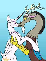 Size: 600x800 | Tagged: safe, artist:spyro-for-life, discord, princess celestia, alicorn, draconequus, pony, fanfic:celestia's new life, bald, cover art, dislestia, embrace, eyeliner, eyeshadow, fanfic, fanfic art, fanfic cover, female, hairless tail, housewife, jewelry, love, makeup, male, married, married couple, mascara, necklace, pearl necklace, shaved head, shaved tail, shipping, straight