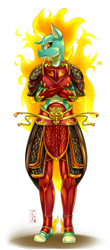 Size: 526x1200 | Tagged: safe, artist:pia-sama, tianhuo, anthro, longma, plantigrade anthro, them's fightin' herds, armor, clothes, community related, crossed arms, mane of fire, patreon, request, simple background, solo, white background