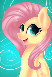 Size: 1181x1748 | Tagged: safe, artist:sweetkllrvane, fluttershy, pegasus, pony, abstract background, bust, cute, female, folded wings, looking at you, looking sideways, mare, open mouth, portrait, shyabetes, smiling, solo, three quarter view