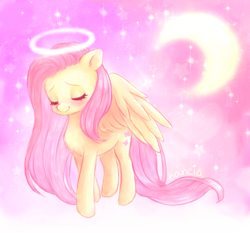 Size: 3052x2845 | Tagged: safe, artist:hancia, fluttershy, angel, pegasus, pony, blushing, crescent moon, cute, eyes closed, female, fluttershy the angel, halo, mare, moon, shyabetes, smiling, solo, spread wings, transparent moon, wings