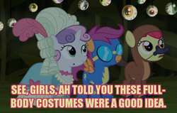 Size: 703x448 | Tagged: safe, screencap, apple bloom, scootaloo, sweetie belle, crusaders of the lost mark, scare master, clothes, costume, cutie mark crusaders, hilarious in hindsight, image macro, marie antoinette, meme, meta, platypus, wonderbolts uniform