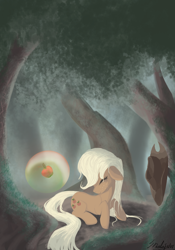 Size: 2100x3000 | Tagged: safe, artist:malajahr, applejack, earth pony, pony, apple, earth pony magic, eyes closed, food, forest, magic, smiling, solo