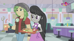 Size: 1136x638 | Tagged: safe, screencap, octavia melody, sandalwood, dance magic, equestria girls, spoiler:eqg specials, beanie, bowtie, burger, cafe, clothes, cup, female, food, french fries, hamburger, hat, male, skirt, soda, teletoon