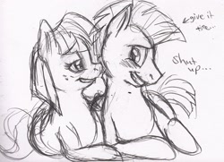 Size: 1768x1280 | Tagged: safe, artist:enigmaticfrustration, blossomforth, thunderlane, pegasus, pony, blossomlane, blushing, female, male, mare, monochrome, prone, shipping, sketch, smiling, stallion, straight