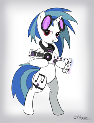 Size: 1024x1332 | Tagged: safe, artist:nevobaster, dj pon-3, vinyl scratch, pony, unicorn, bipedal, dubstep gun, female, gun, headphones, hooves, horn, mare, saints row, saints row iv, smiling, solo, sunglasses, teeth, weapon