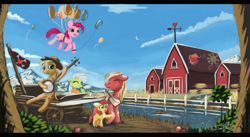 Size: 10080x5543 | Tagged: safe, artist:auroriia, apple bloom, applejack, big macintosh, granny smith, pinkie pie, earth pony, pony, absurd resolution, balloon, banjo, barn, female, filly, floating, floppy ears, male, mare, musical instrument, scenery, stallion, then watch her balloons lift her up to the sky, wagon