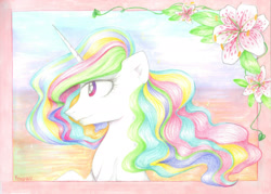 Size: 2397x1713 | Tagged: safe, artist:ksupav, princess celestia, alicorn, pony, beautiful, female, flower, mare, marker drawing, multicolored mane, smiling, solo, sunrise, traditional art