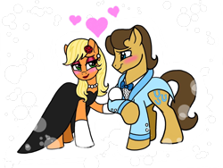 Size: 1024x768 | Tagged: safe, artist:melspyrose, applejack, caramel, earth pony, pony, alternate hairstyle, bedroom eyes, blushing, carajack, date, ear piercing, earring, female, flower, heart, jewelry, lipstick, looking at each other, makeup, male, piercing, rose, shipping, simple background, straight, transparent background