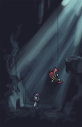 Size: 825x1275 | Tagged: safe, artist:jump-cut, apple bloom, sweetie belle, earth pony, pony, unicorn, cave, crepuscular rays, duo, duo female, female, filly, hanging, reaching, rescue, rope, sitting, spelunking