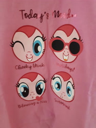 Size: 3456x4608 | Tagged: safe, pinkie pie, blowing a kiss, clothes, emotions, heart, irl, one eye closed, photo, shirt, smiling, sunglasses, surprised, t shirt design, wink