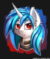 Size: 1500x1750 | Tagged: safe, artist:capseys, dj pon-3, vinyl scratch, pony, unicorn, abstract background, bust, choker, clothes, collar, colored pupils, ear fluff, ear piercing, hoodie, looking at you, piercing, portrait, red eyes, smiling, solo, wrong eye color