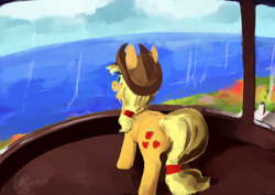 Size: 1754x1240 | Tagged: safe, artist:toisanemoif, applejack, earth pony, pony, amazed, cowboy hat, female, hat, lighthouse, lineless, looking away, mare, ocean, solo, window