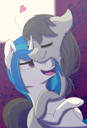 Size: 2137x3123 | Tagged: safe, artist:lula-moonarts, dj pon-3, octavia melody, vinyl scratch, earth pony, pony, unicorn, eyes closed, female, heart, hug, lesbian, mare, open mouth, scratchtavia, shipping, smiling