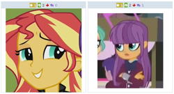 Size: 516x278 | Tagged: safe, screencap, garden grove, ginger owlseye, sunset shimmer, equestria girls, friendship games, background human, derpibooru, exploitable meme, juxtaposition, juxtaposition win, meme, meta, solo